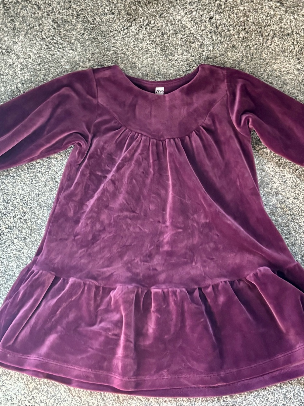 Tea Collection Plum Velour Long Sleeve Dress with Ruffle Hem
